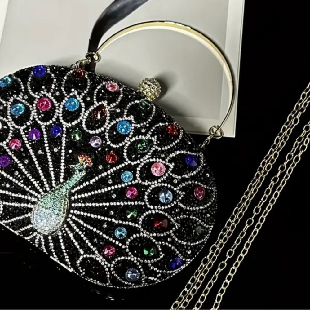 Elegant Peacock Evening with Rhinestone Handbag, Golden, Black, Silver